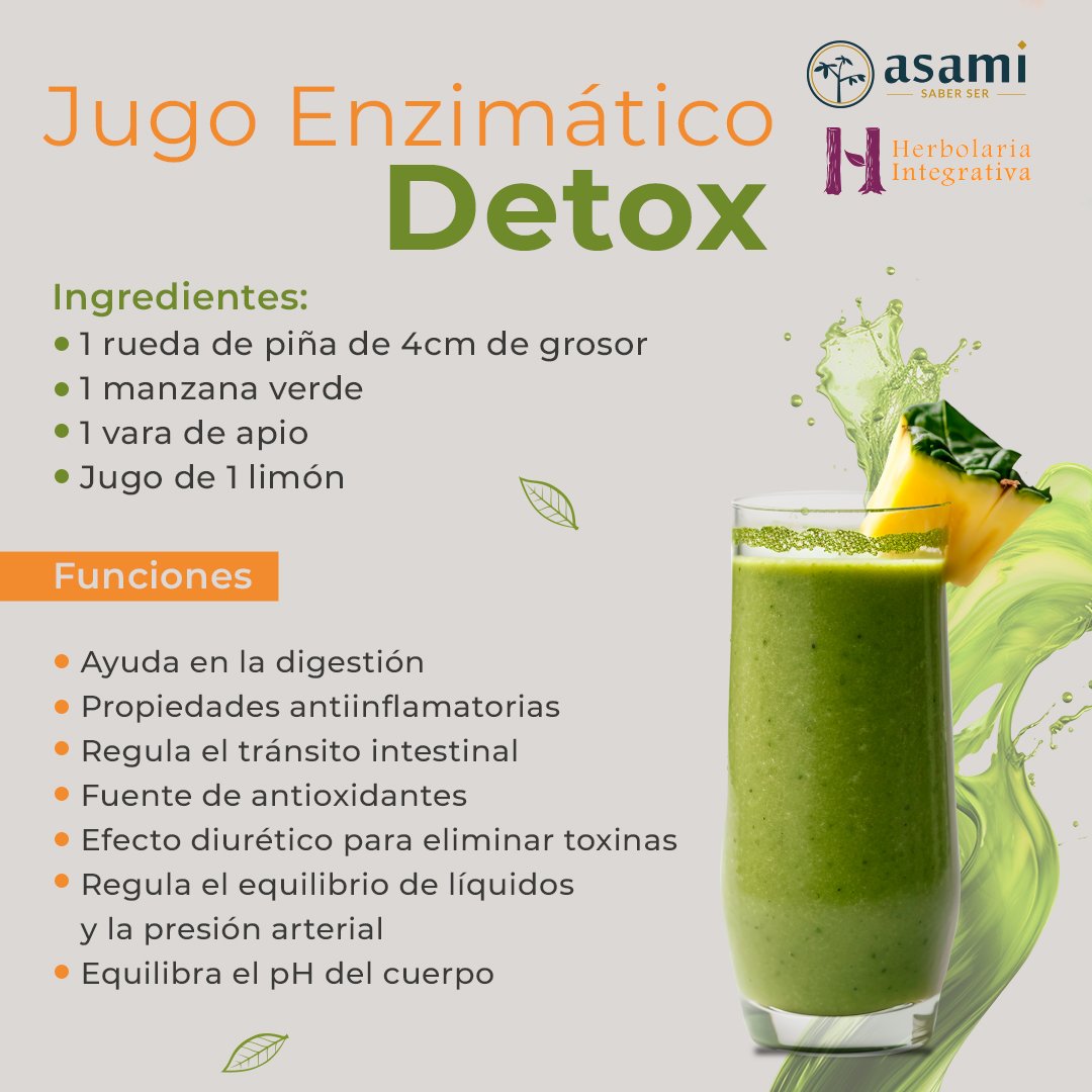 Jugo enzimático Detox con piña, apio, manzana verde y limón.